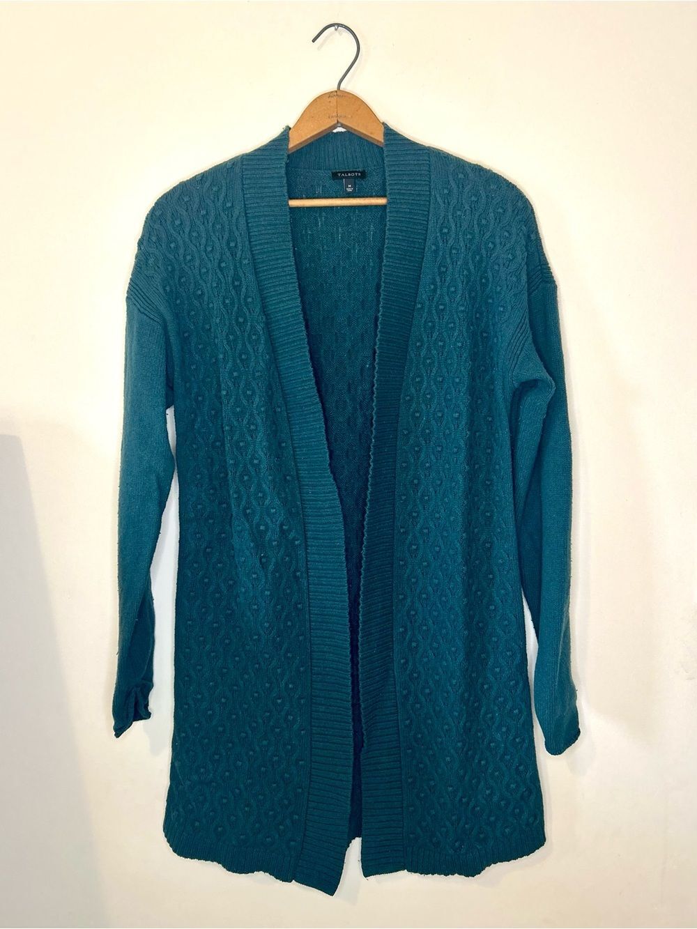 Talbots Cotton Cashmere Diamond Cable Knit Duster Cardigan Bobble Stitch M